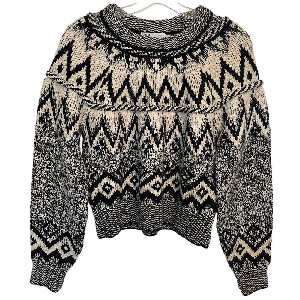 Zara Jaquard Knit Dream Sweater Womens Medium Black & Cream Mock Neck Wool Blend